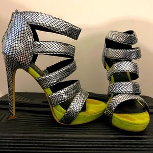 Silver and neon yellow heels